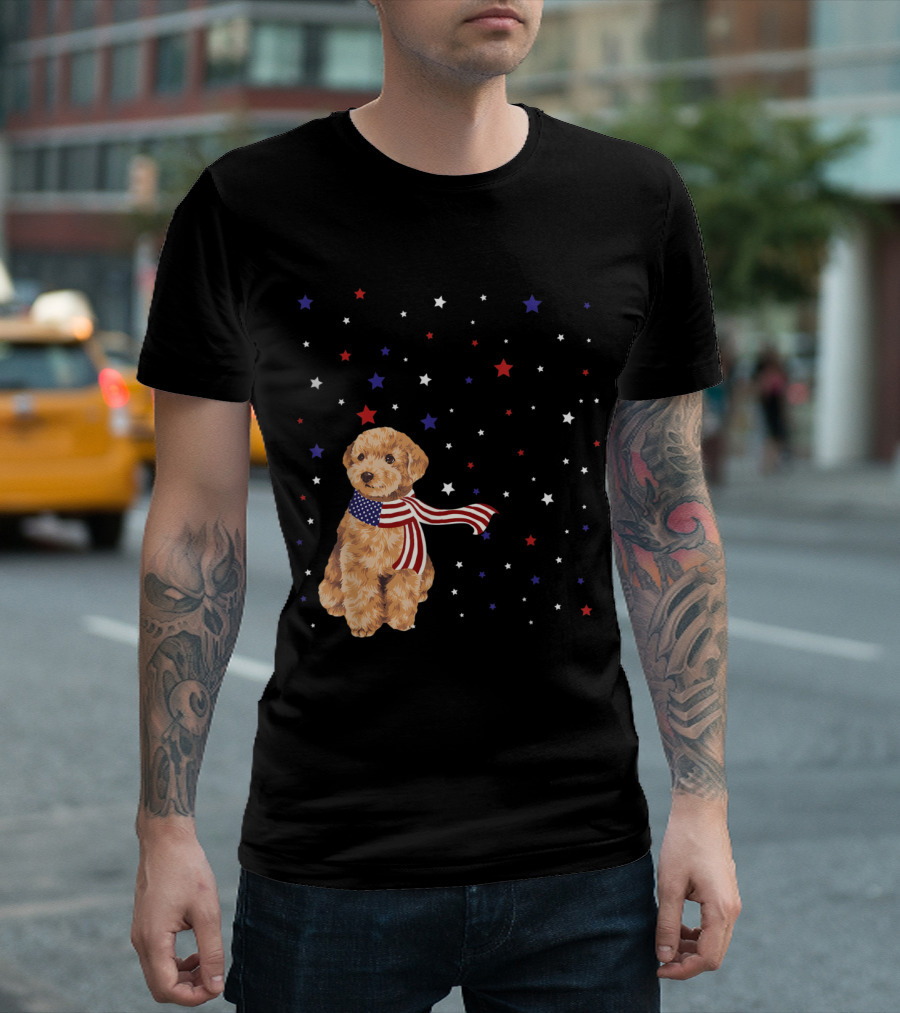 Poodle In American Flag Scarf With Patriotic Stars Background T-Shirt