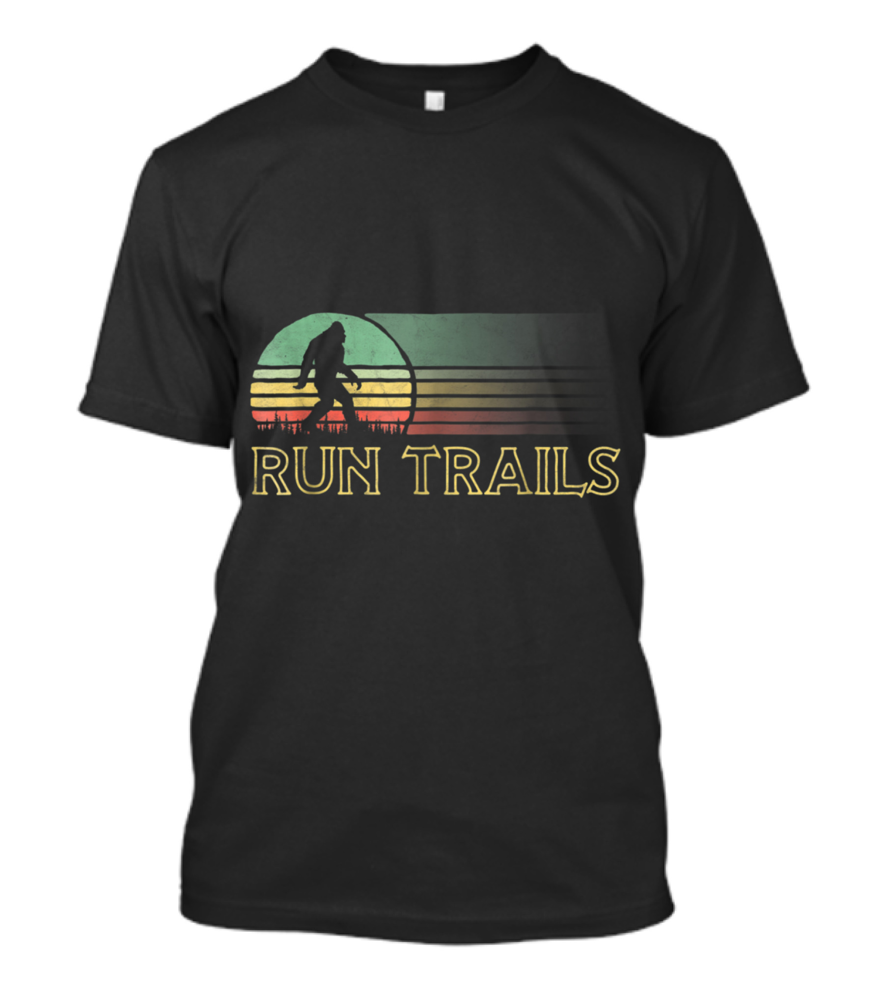 Run Trails Bigfoot Silhouette With Retro Sunset Stripes T-Shirt