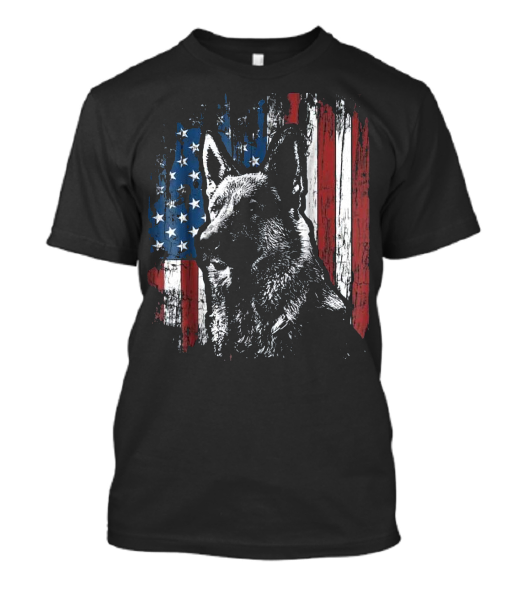 German Shepherd With American Flag Background For 4th Of July T-Shirt