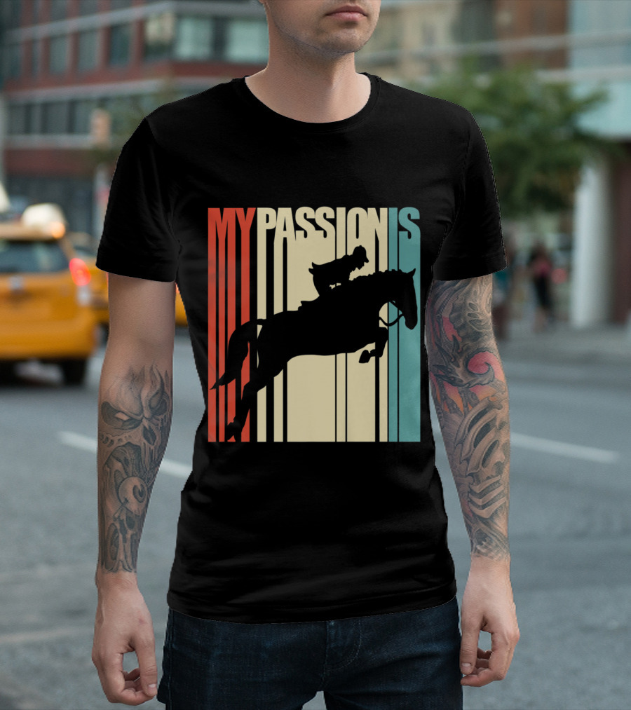My Passion Is Horse Riding Equest Silhouette On Retro Stripes Background T-Shirt