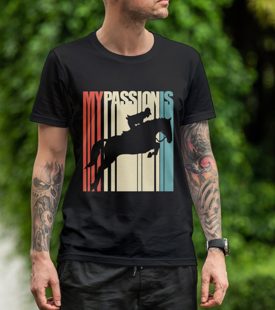 My Passion Is Horse Riding Equest Silhouette On Retro Stripes Background T-Shirt
