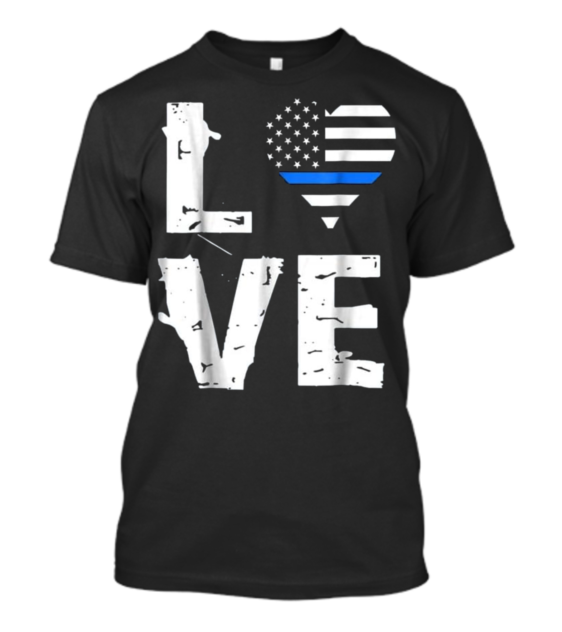 Love Thin Blue Line Support Of Police American Flag Heart T-Shirt
