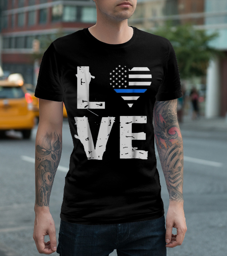 Love Thin Blue Line Support Of Police American Flag Heart T-Shirt