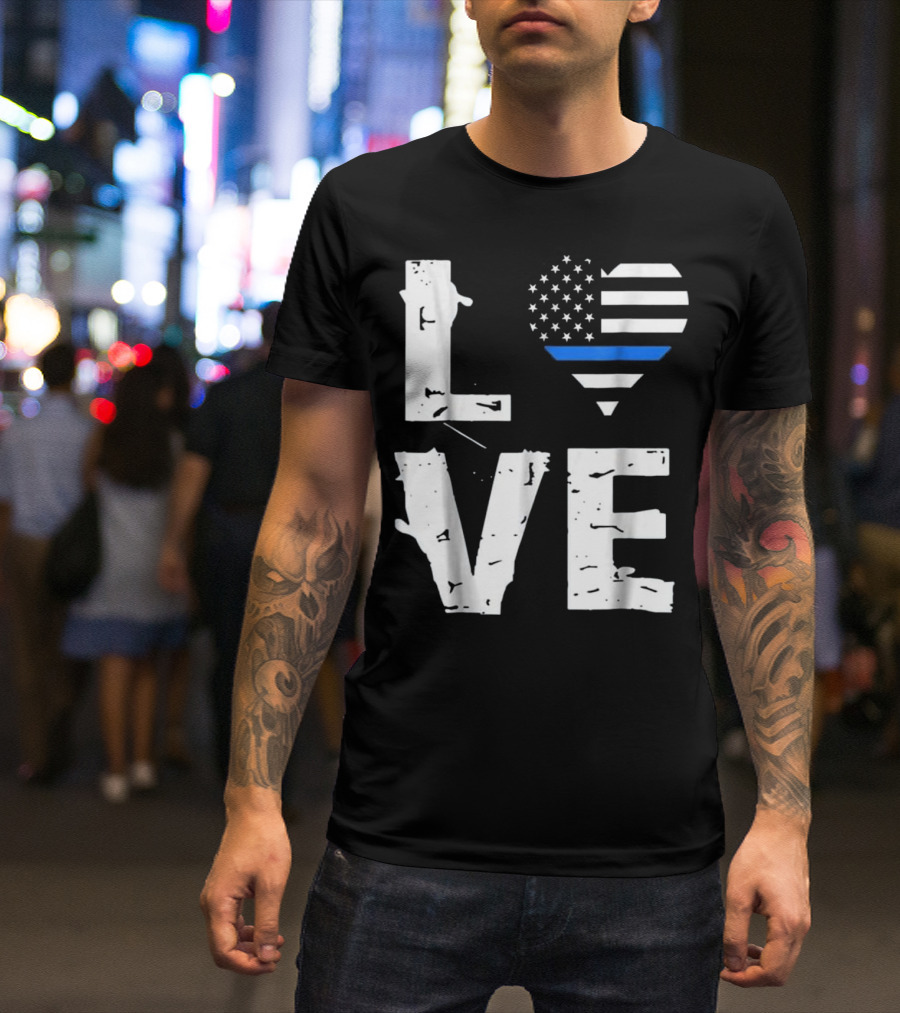 Love Thin Blue Line Support Of Police American Flag Heart T-Shirt