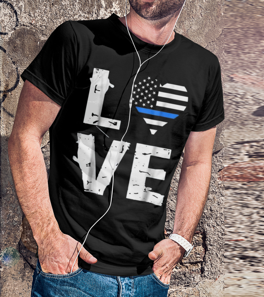 Love Thin Blue Line Support Of Police American Flag Heart T-Shirt