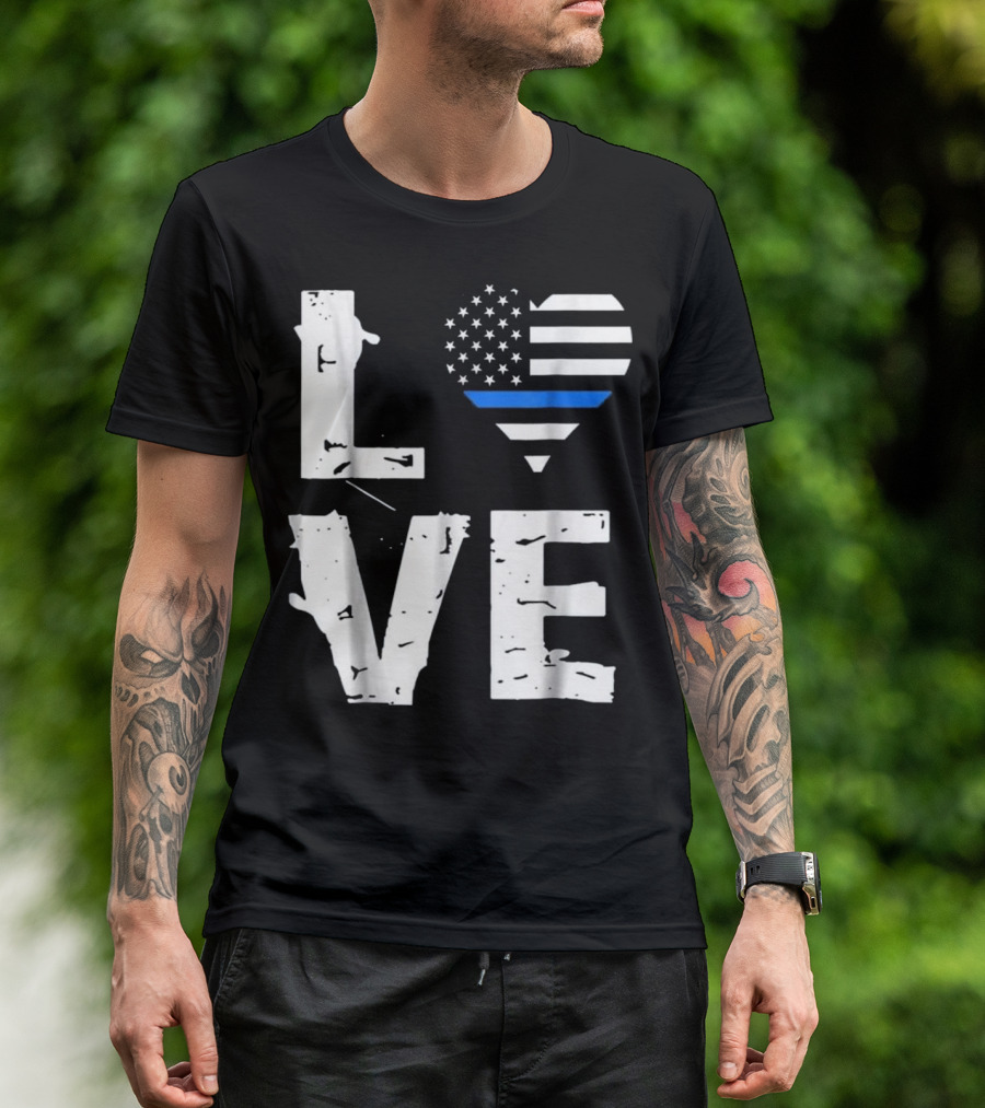 Love Thin Blue Line Support Of Police American Flag Heart T-Shirt