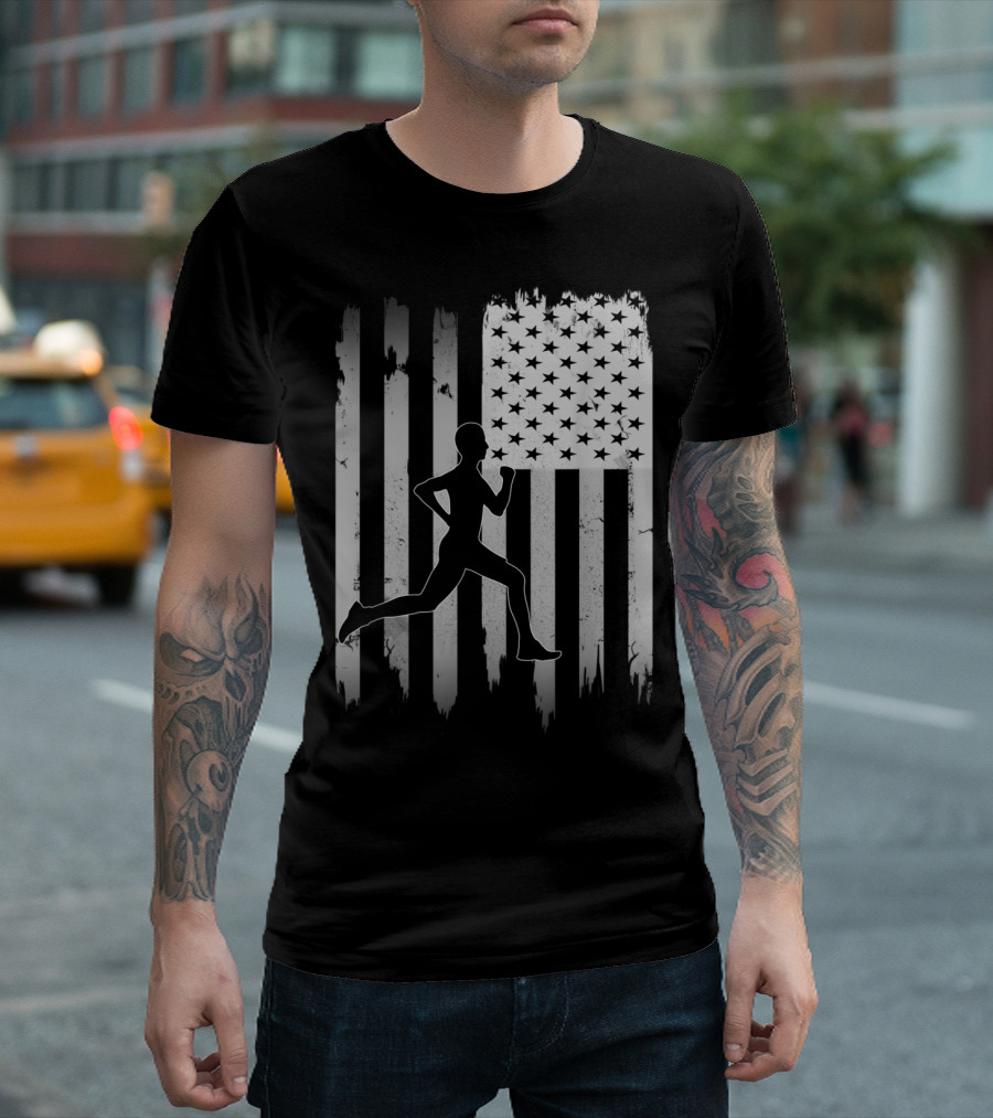USA Flag Runner Silhouette Distressed Black T-Shirt