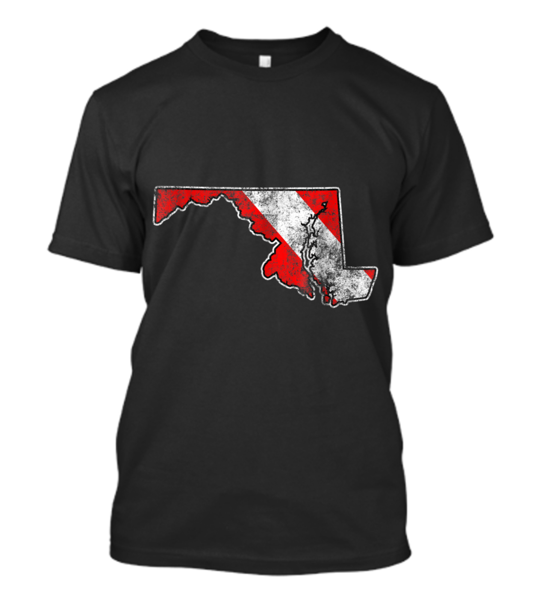 Vintage Maryland Scuba Dive Flag Map Divin Shape With Distressed Red And White Diver Flag T-Shirt