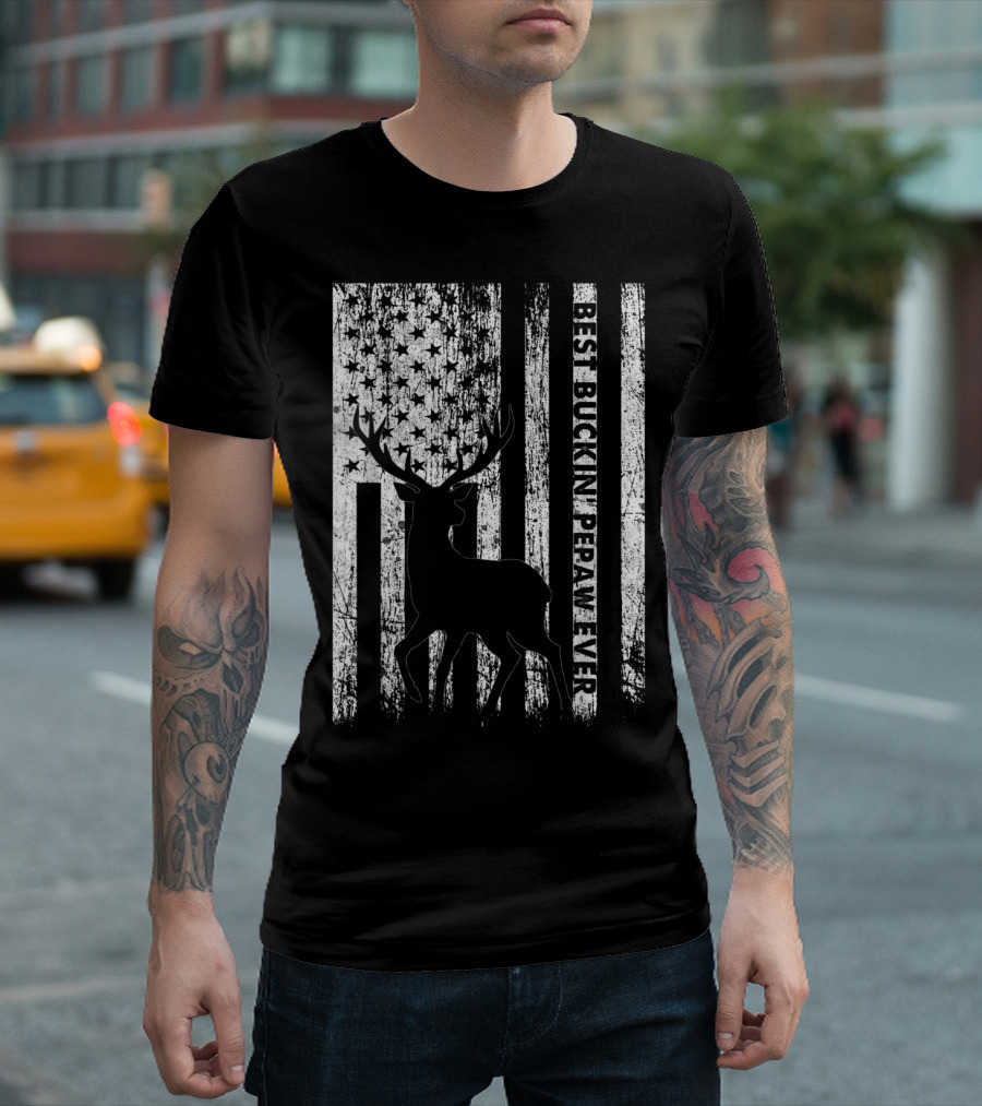 Best Bucking Pepaw Ever Deer Silhouette With Distressed American Flag Background T-Shirt
