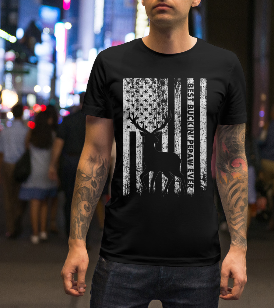 Best Bucking Pepaw Ever Deer Silhouette With Distressed American Flag Background T-Shirt