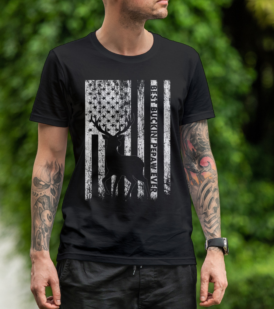 Best Bucking Pepaw Ever Deer Silhouette With Distressed American Flag Background T-Shirt