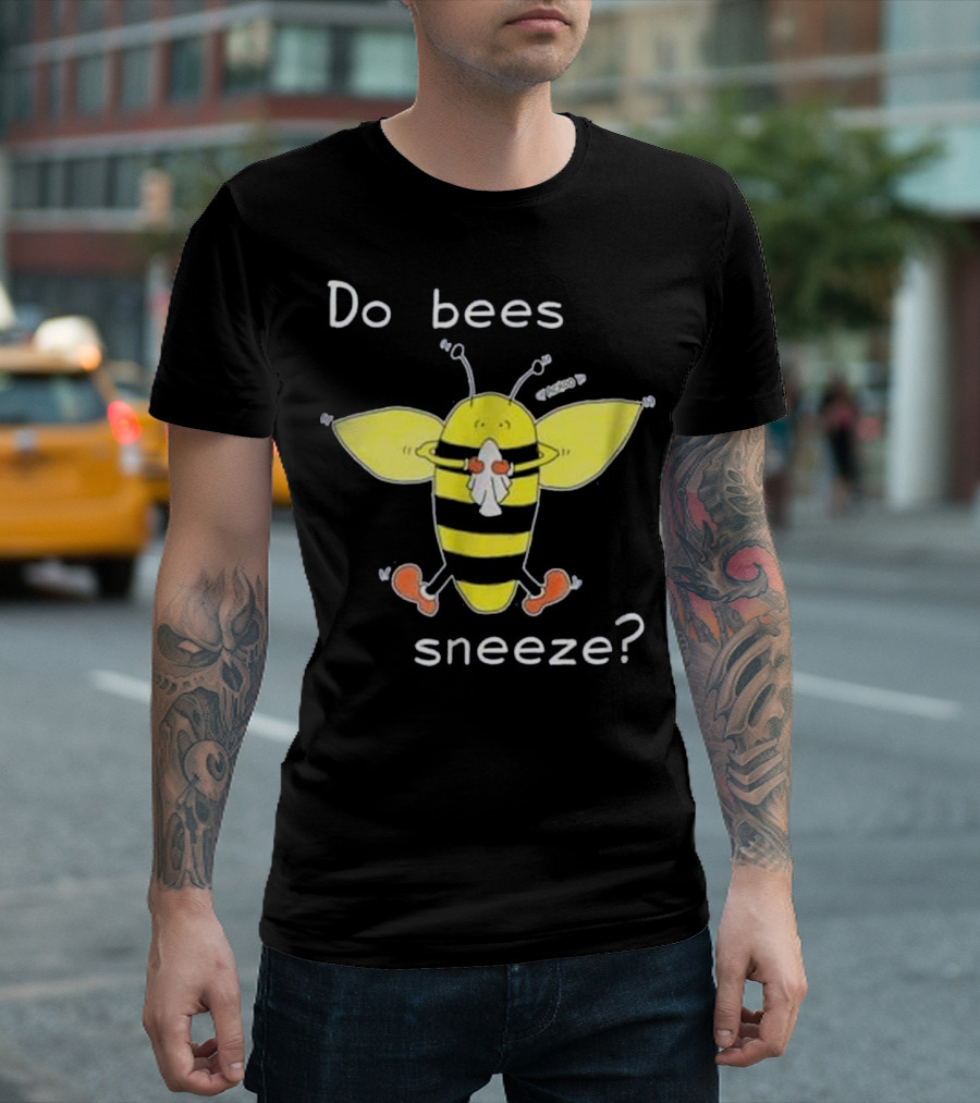 Funny Cartoon Bee Holding Tissue Asking Do Bees Sneeze Question T-Shirt