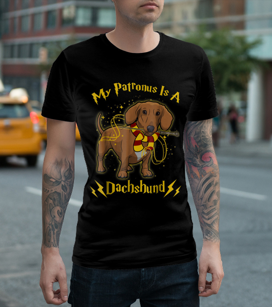 My Patronus Is A Dachshund Funny Dog in Scarf with Wand and Magic Light Effects T-Shirt