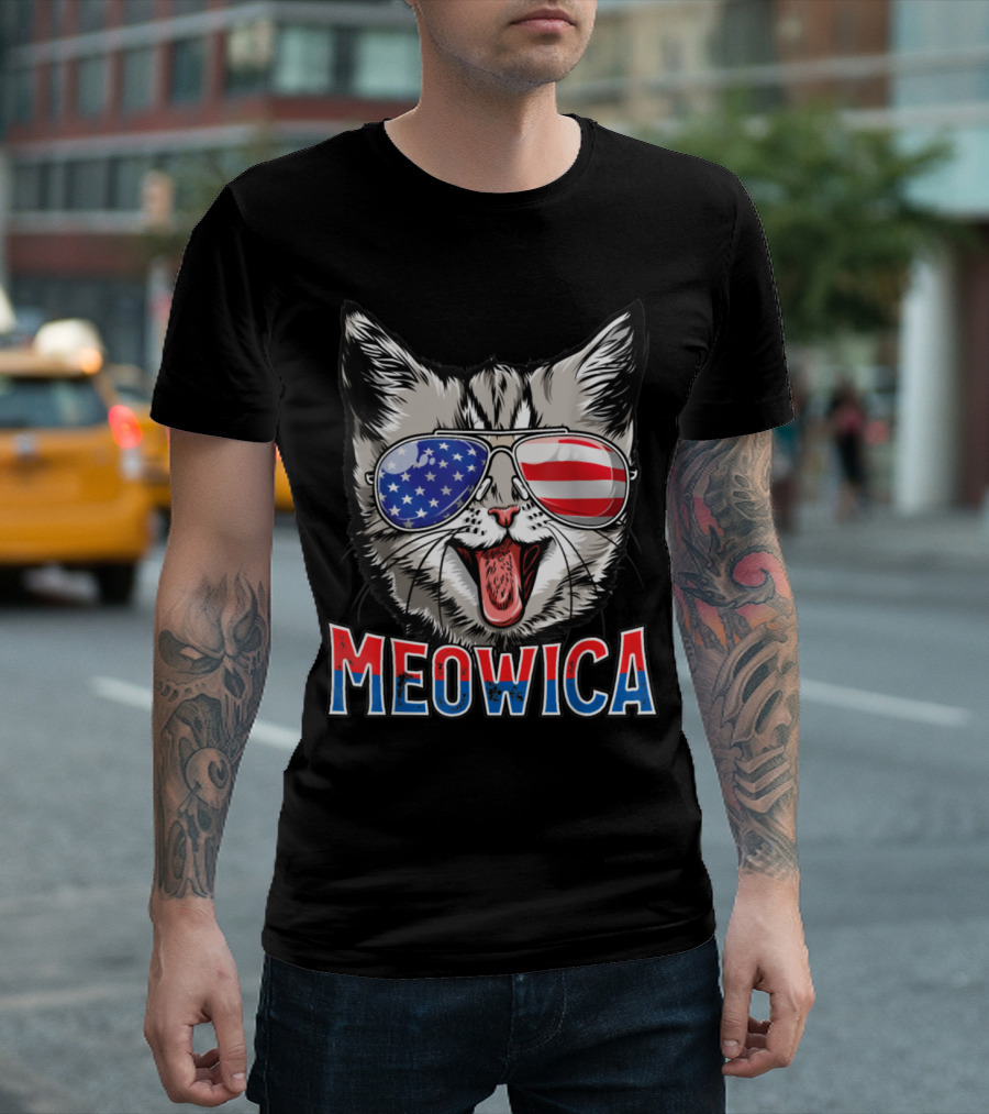 Meowica Cat With American Flag Sunglasses Vintage 4th Of July T-Shirt