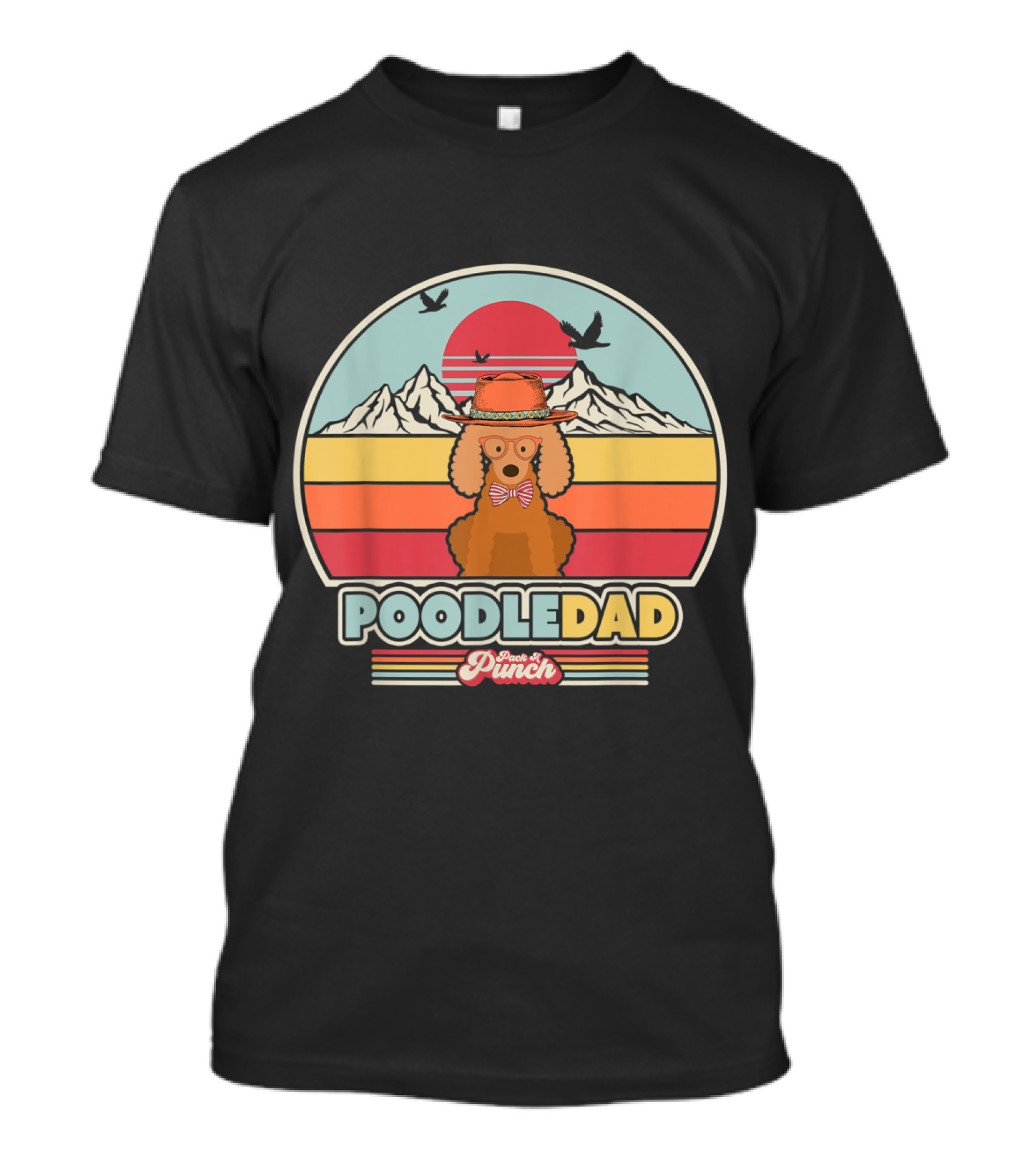 Poodle Dad Retro Sunset With Mountains And Birds - Pinch Of Punch T-Shirt