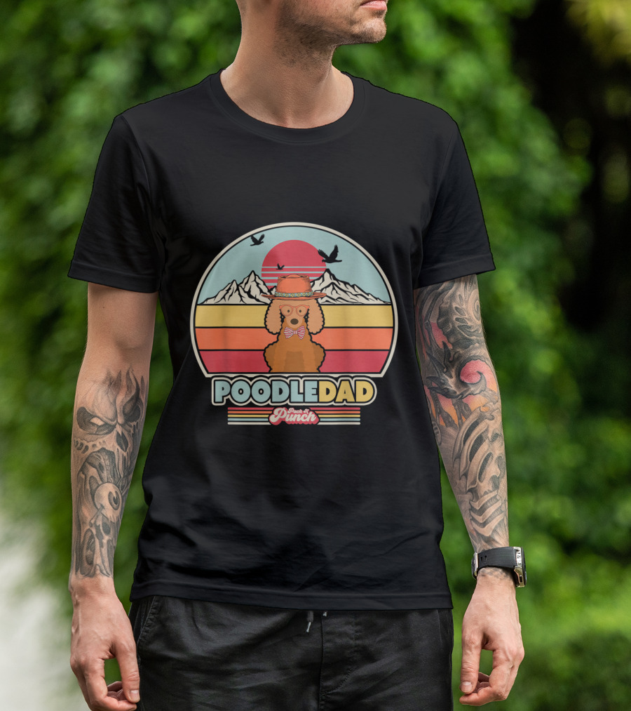 Poodle Dad Retro Sunset With Mountains And Birds - Pinch Of Punch T-Shirt