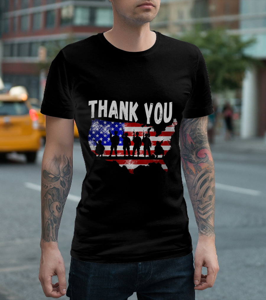 Thank You Veterans USA Flag With Military Silhouettes Memorial T-Shirt