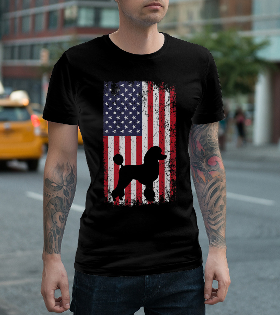 Poodle Silhouette on Distressed American Flag for 4th of July T-Shirt