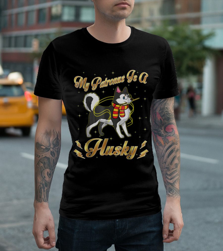 My Patronus Is A Husky Dog in Wizard Scarf with Magic Wand T-Shirt