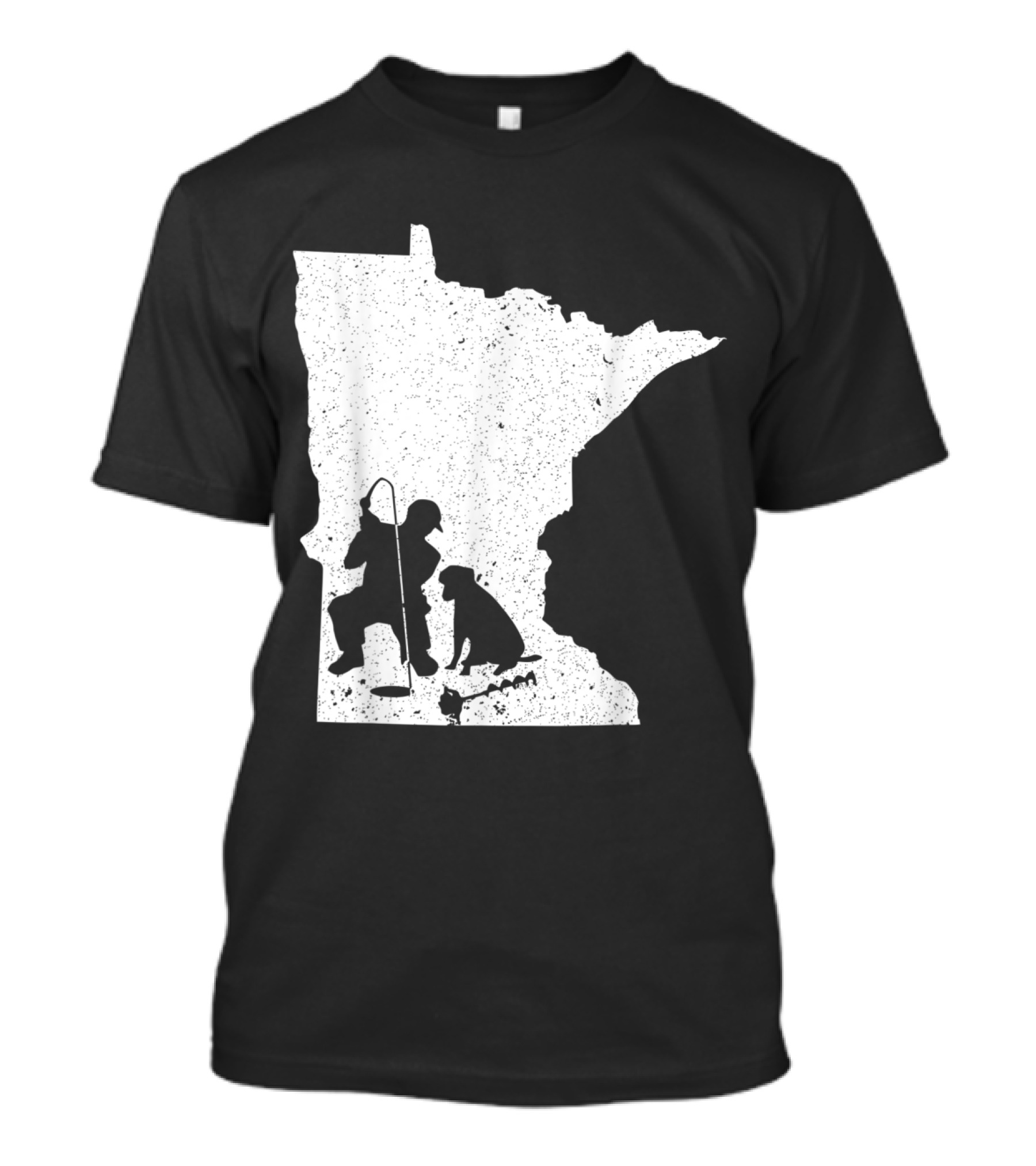 Minnesota State Silhouette Ice Fishing Scene With Fisherman And Dog T-Shirt