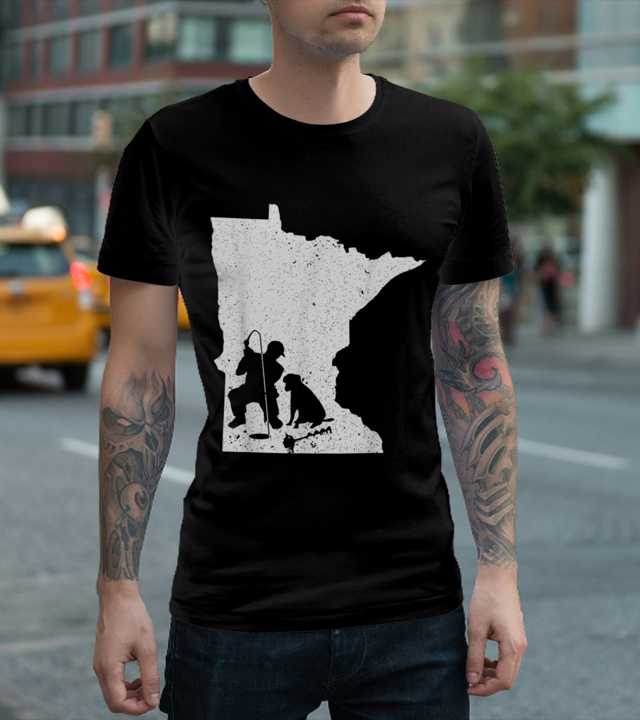 Minnesota State Silhouette Ice Fishing Scene With Fisherman And Dog T-Shirt