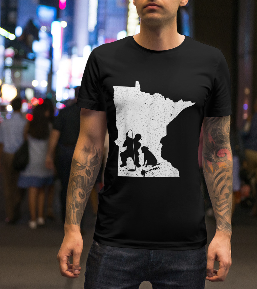 Minnesota State Silhouette Ice Fishing Scene With Fisherman And Dog T-Shirt