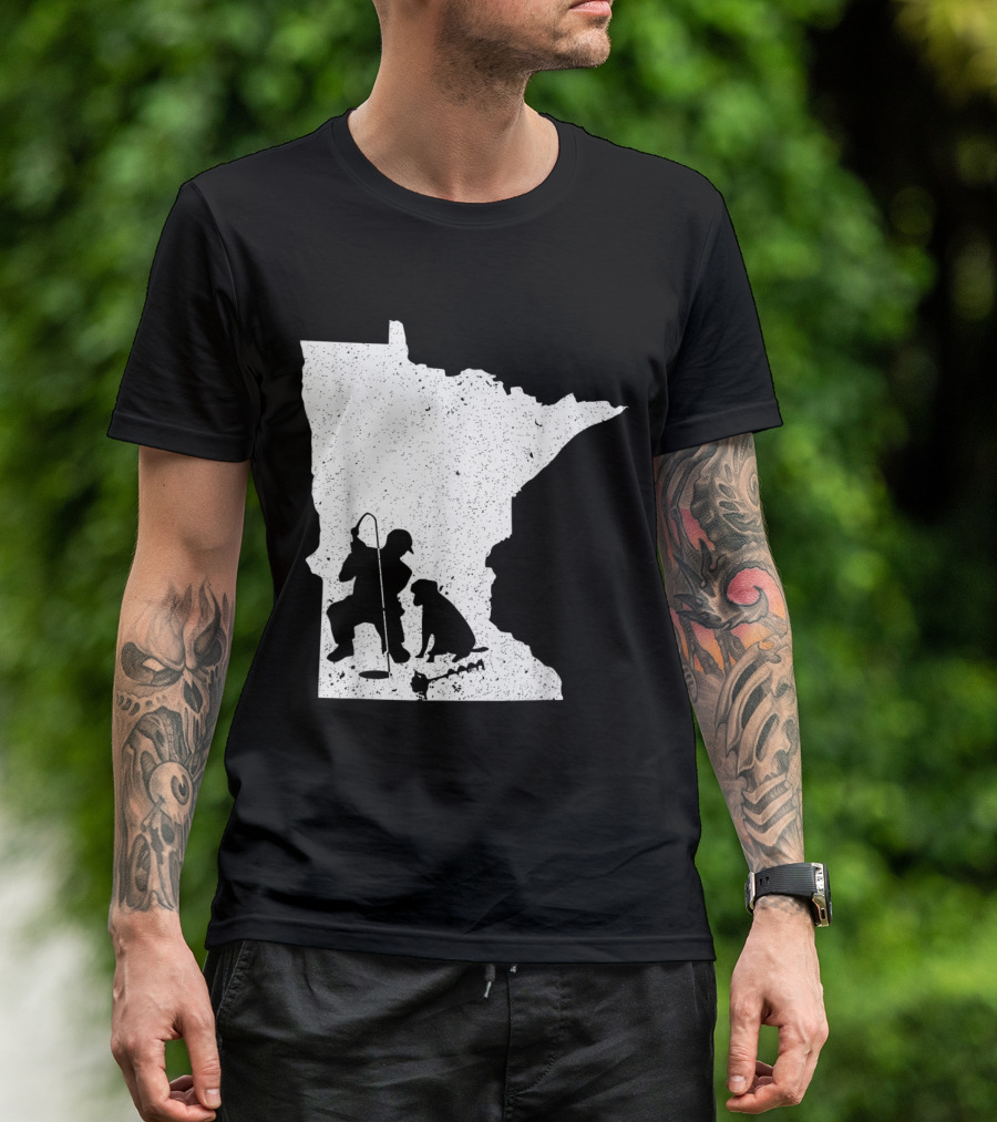 Minnesota State Silhouette Ice Fishing Scene With Fisherman And Dog T-Shirt