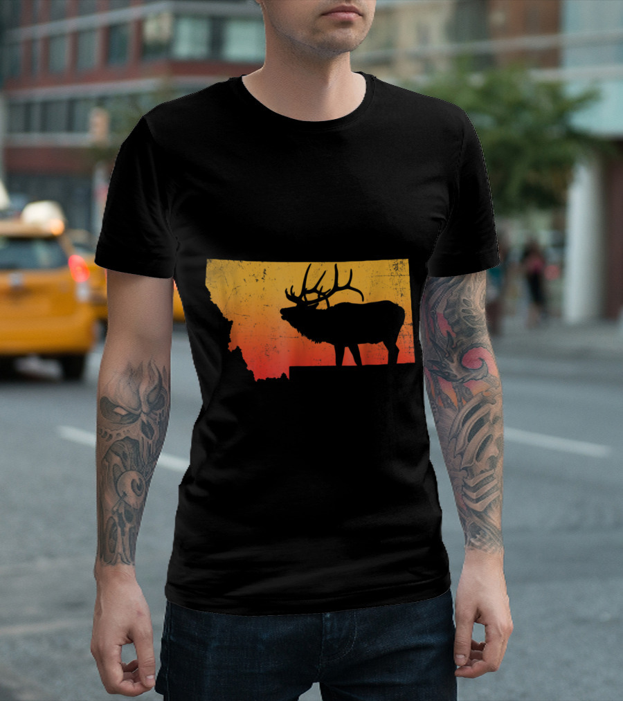 Vintage Montana Elk Silhouette Sunset Outdoor Adventure Scene T-Shirt