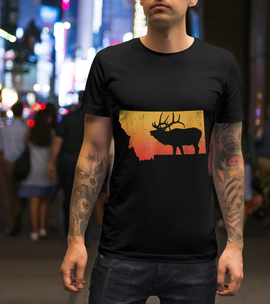 Vintage Montana Elk Silhouette Sunset Outdoor Adventure Scene T-Shirt