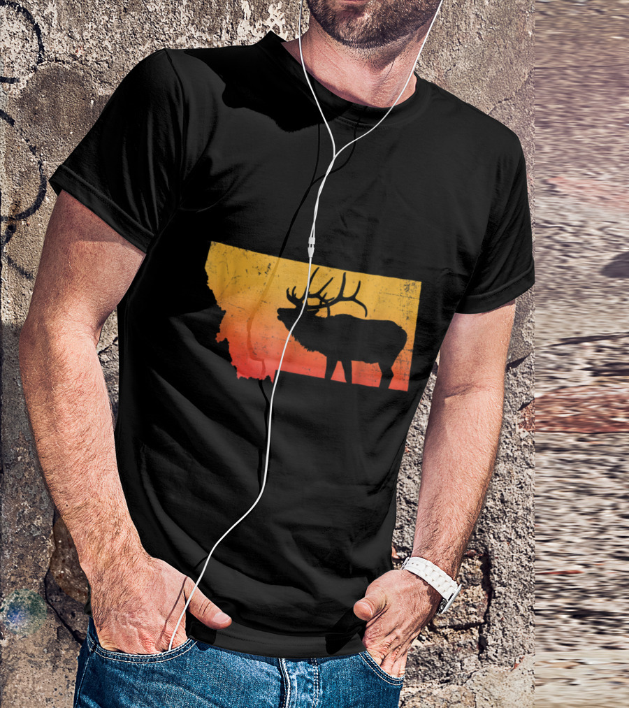 Vintage Montana Elk Silhouette Sunset Outdoor Adventure Scene T-Shirt