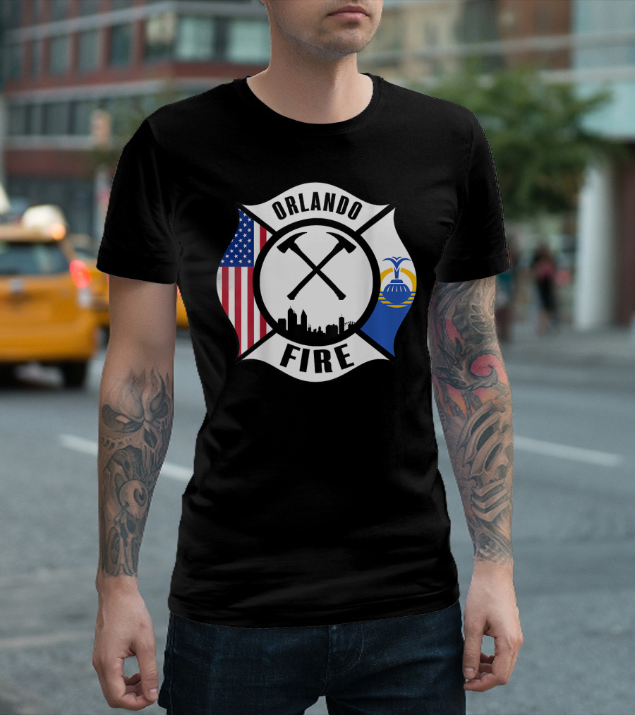 Orlando Florida Fire Rescue Department American Flag City Skyline T-Shirt