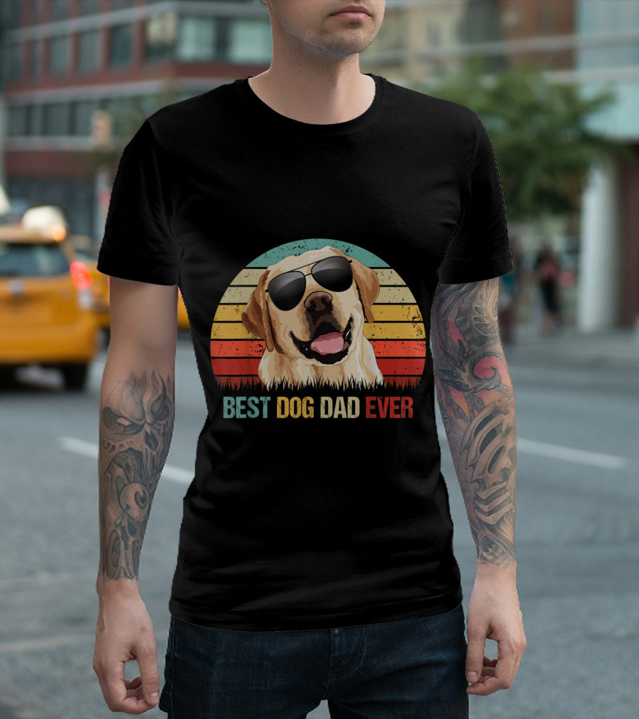 Best Dog Dad Ever Labrador Ret Sunglasses Retro Stripes T-Shirt