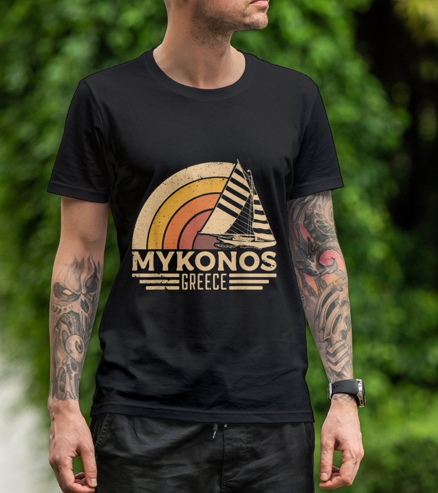Vintage Mykonos Greece Sailing Retro Sunset Boat T-Shirt