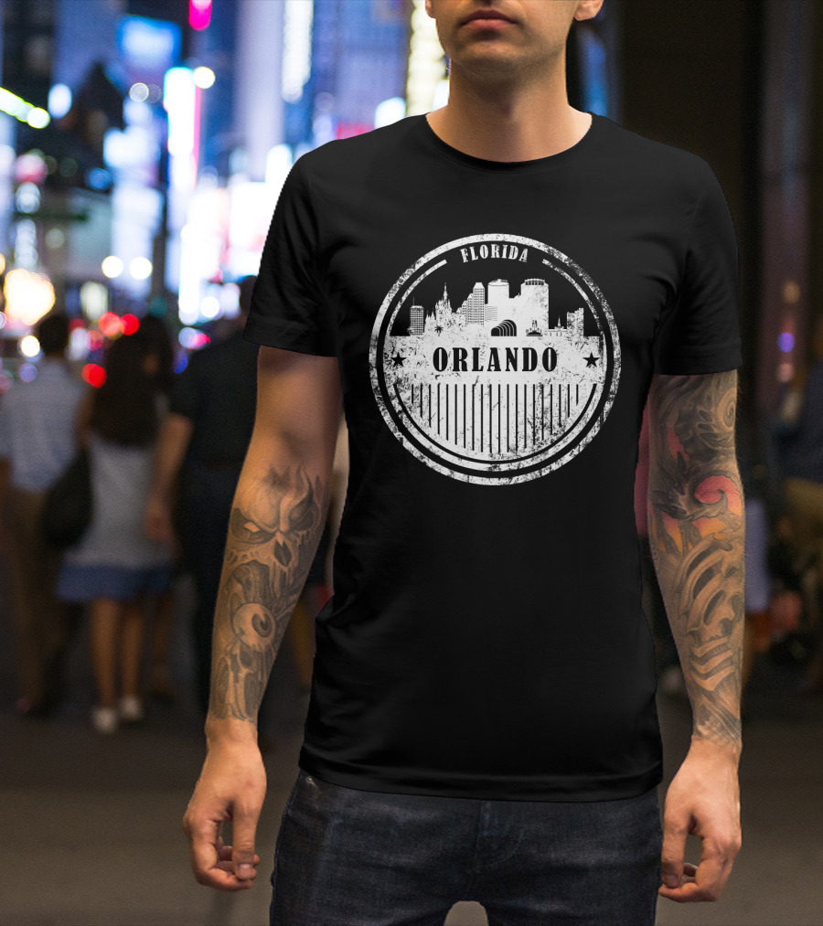 Orlando Florida Grunge Skyline Distressed Circular Emblem T-Shirt
