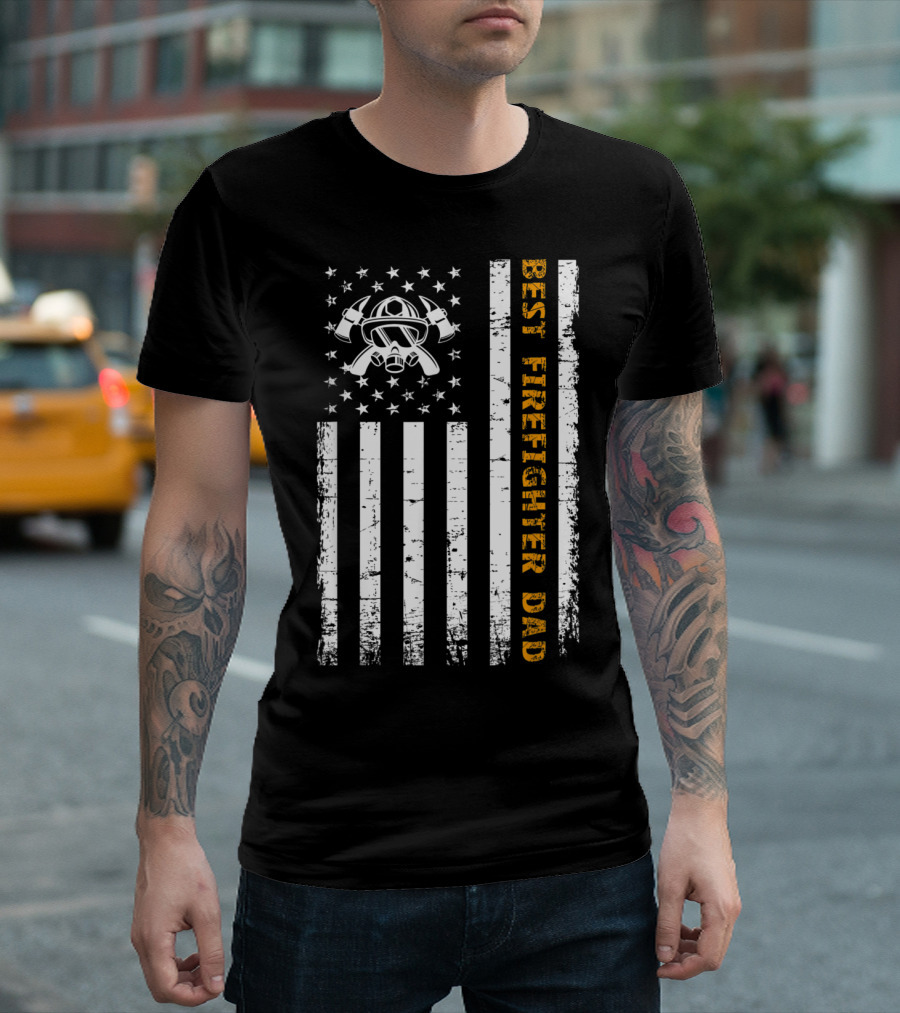 Best Firefighter Dad American Flag Fire Helmet T-Shirt