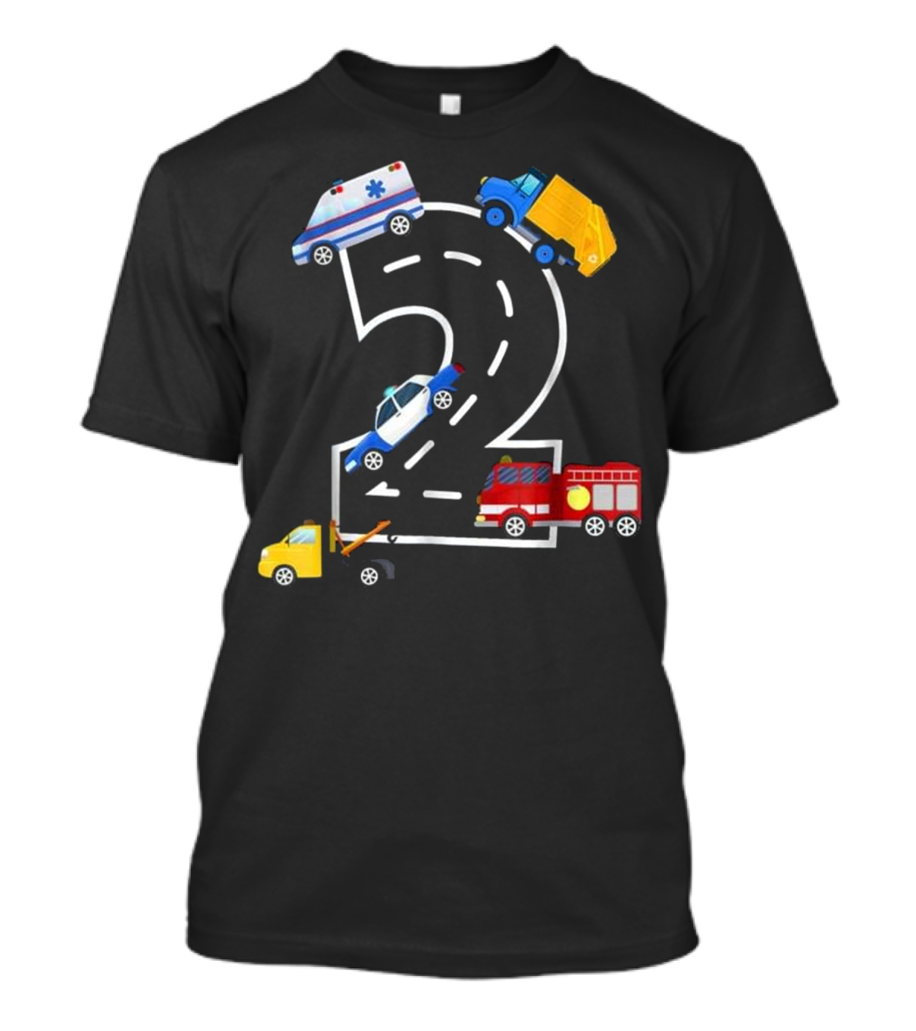 2nd Birthday Boys Fire Truck Police Car Tow Truck Ambulance Road Number Two T-Shirt