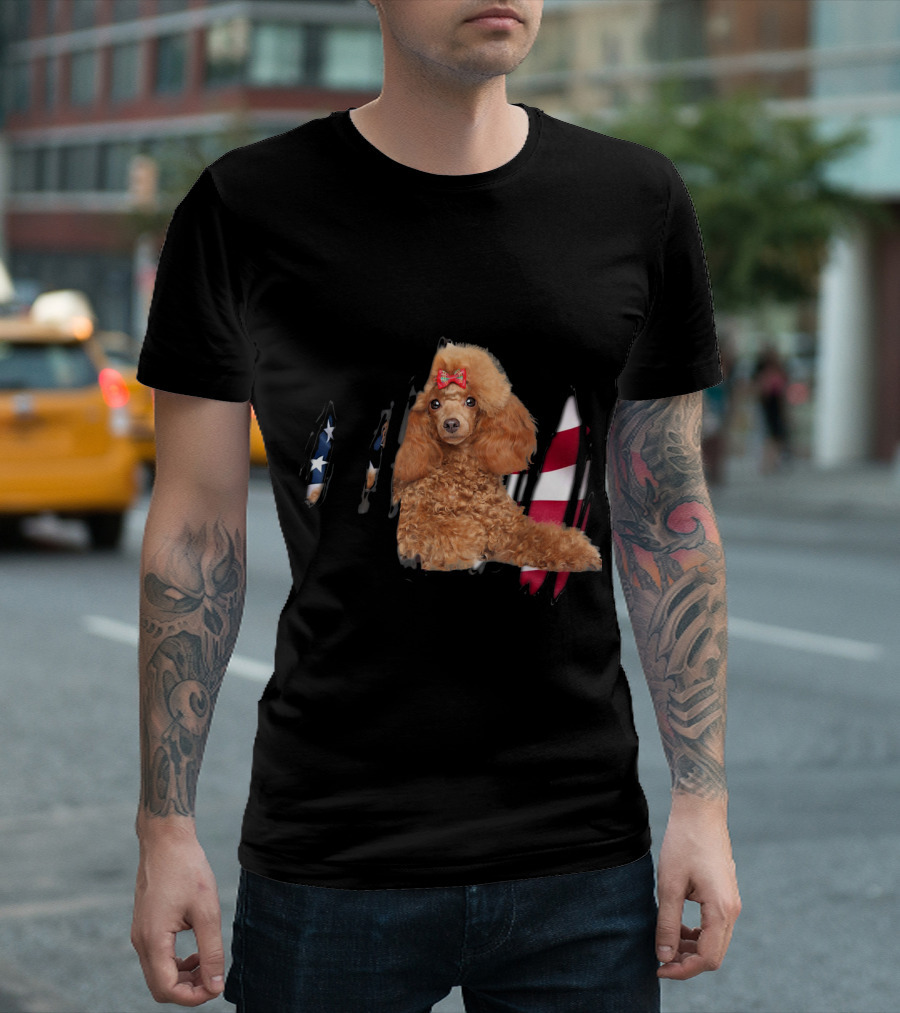 Poodle With USA Flag Stripes And Stars Bow T-Shirt