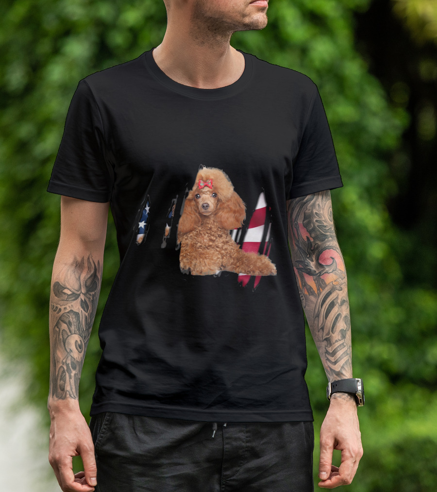 Poodle With USA Flag Stripes And Stars Bow T-Shirt