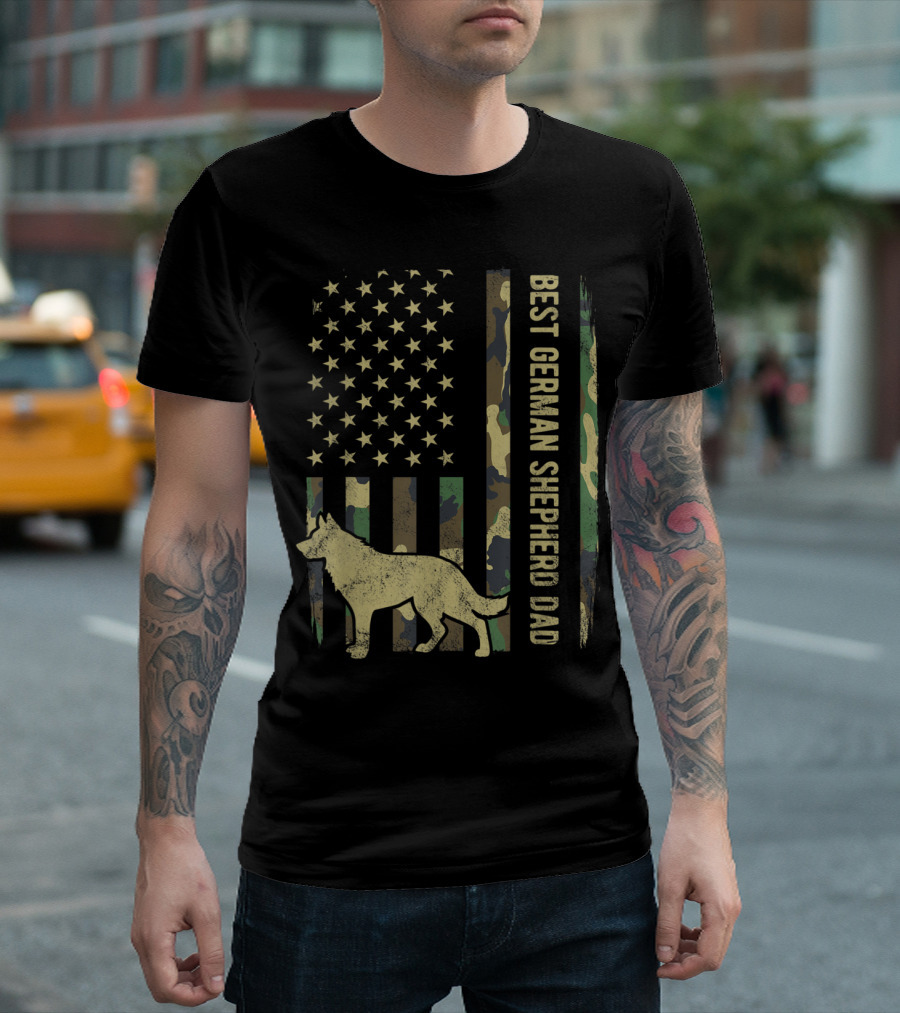 Best German Shepherd Dad Camouflage American Flag T-Shirt