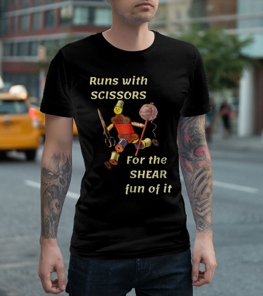 Runs with Scissors for the Shear Fun of It with Thread Spool and Yarn Figure T-Shirt