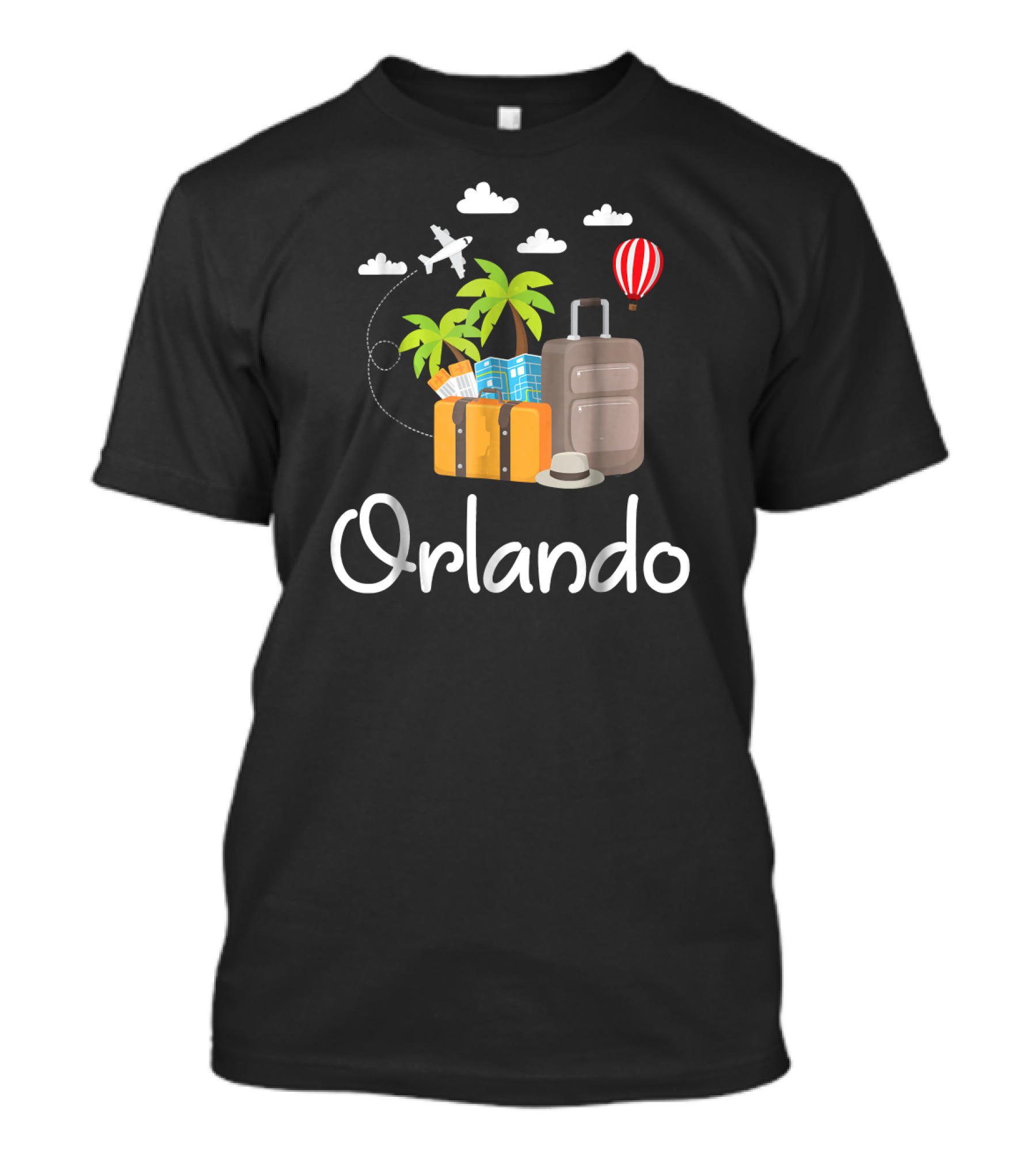 Orlando Florida Travel With Palm Trees Hot Air Balloon And Suitcases T-Shirt