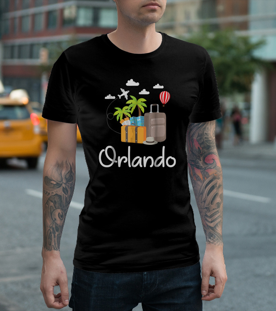 Orlando Florida Travel With Palm Trees Hot Air Balloon And Suitcases T-Shirt