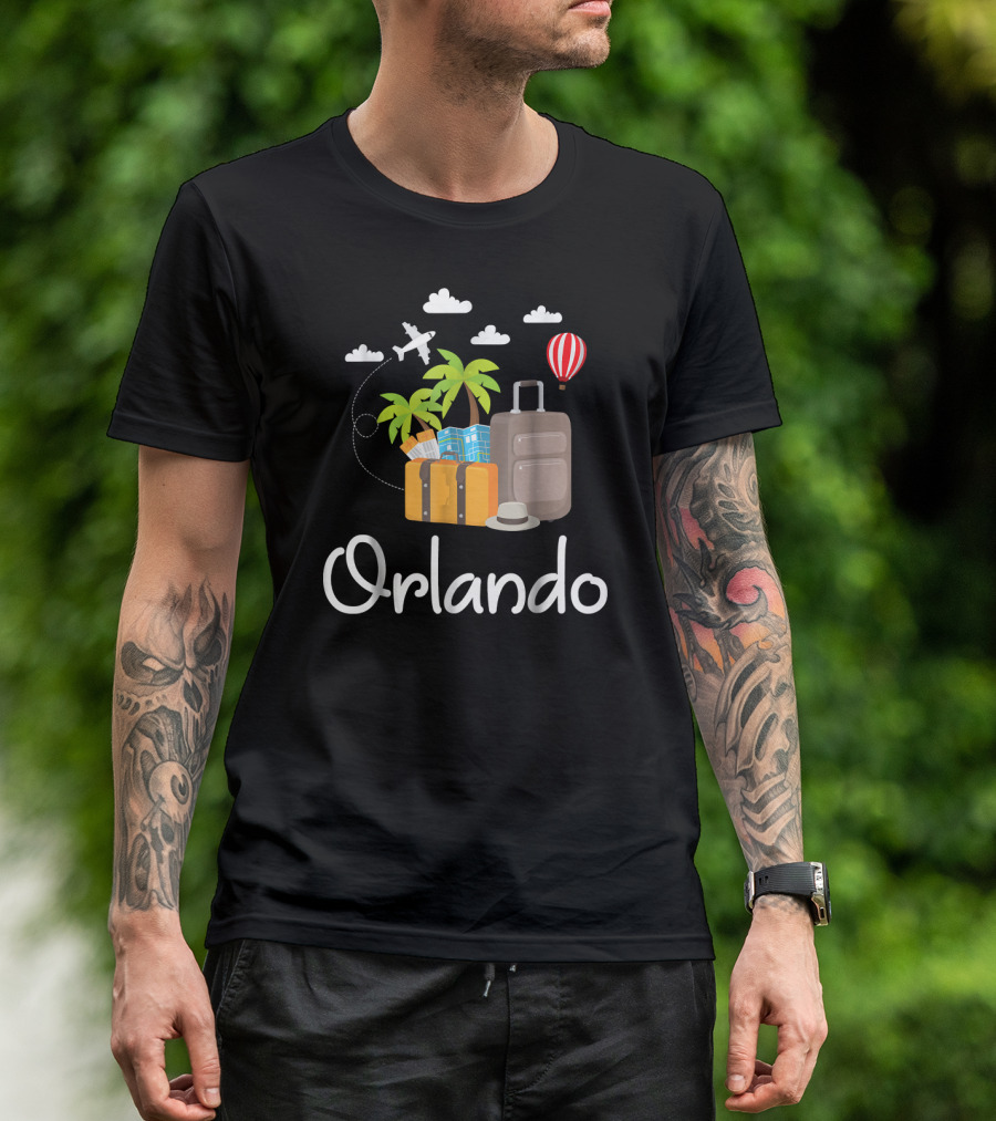 Orlando Florida Travel With Palm Trees Hot Air Balloon And Suitcases T-Shirt