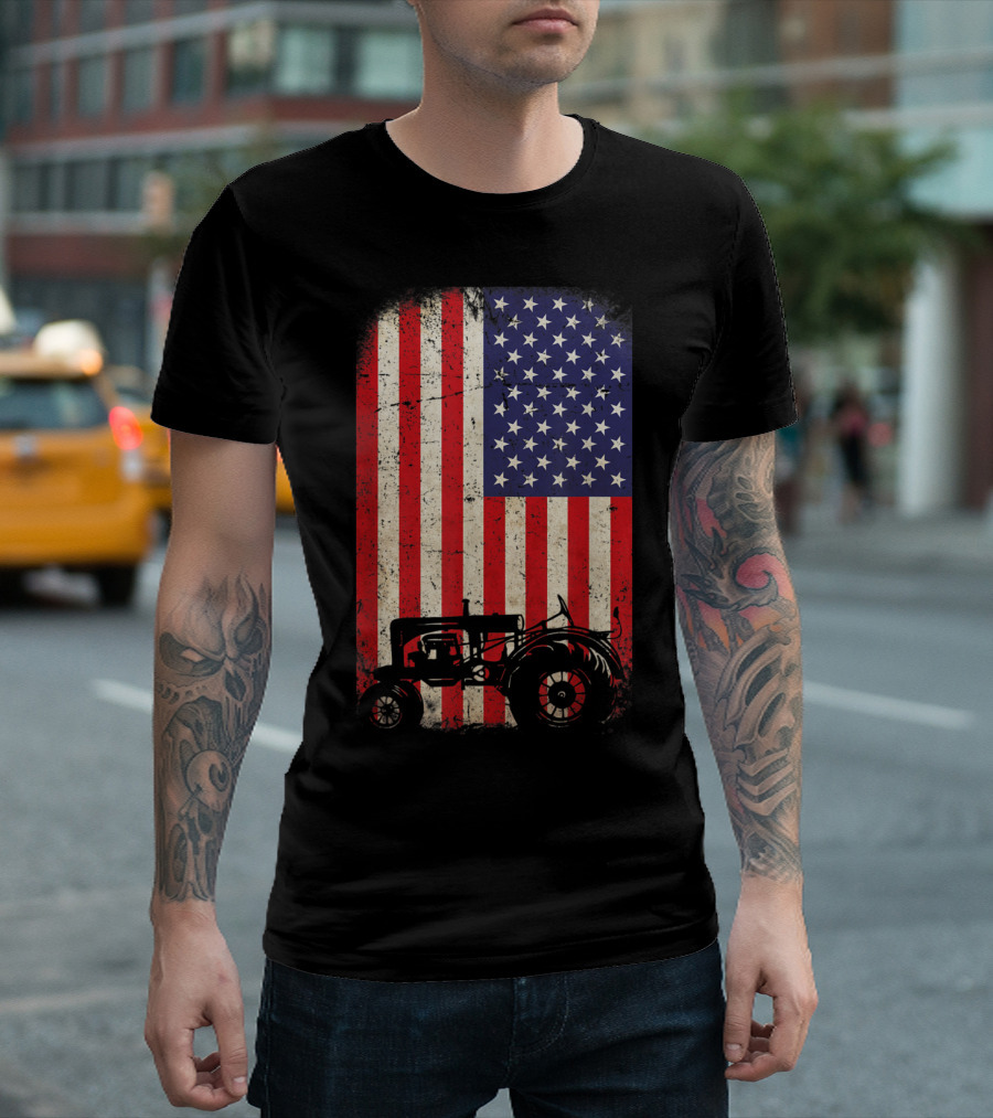 Rustic Tractor with American Flag Background T-Shirt