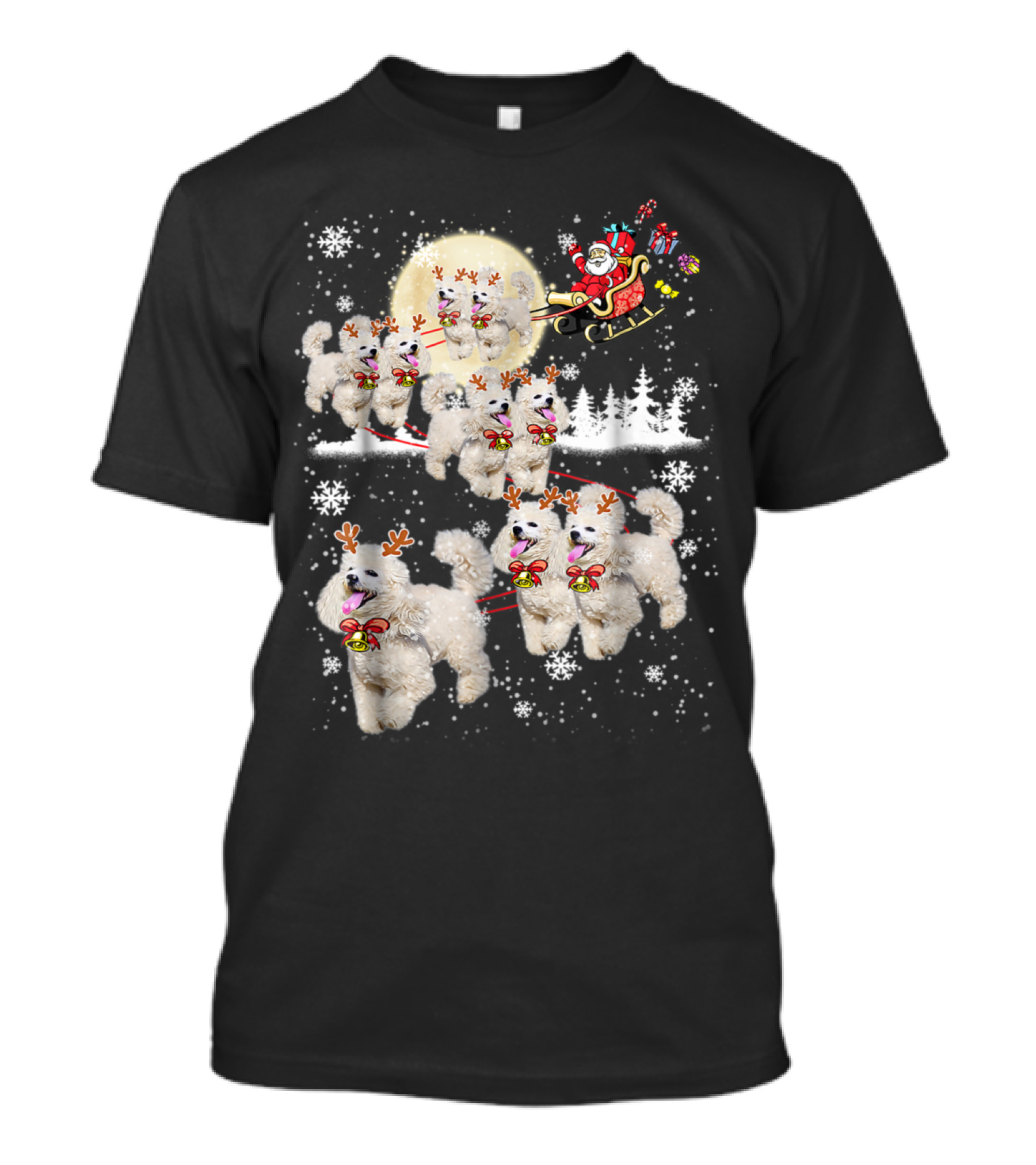 Poodle Reindeer Christmas Santa Sleigh雪景色 T-Shirt