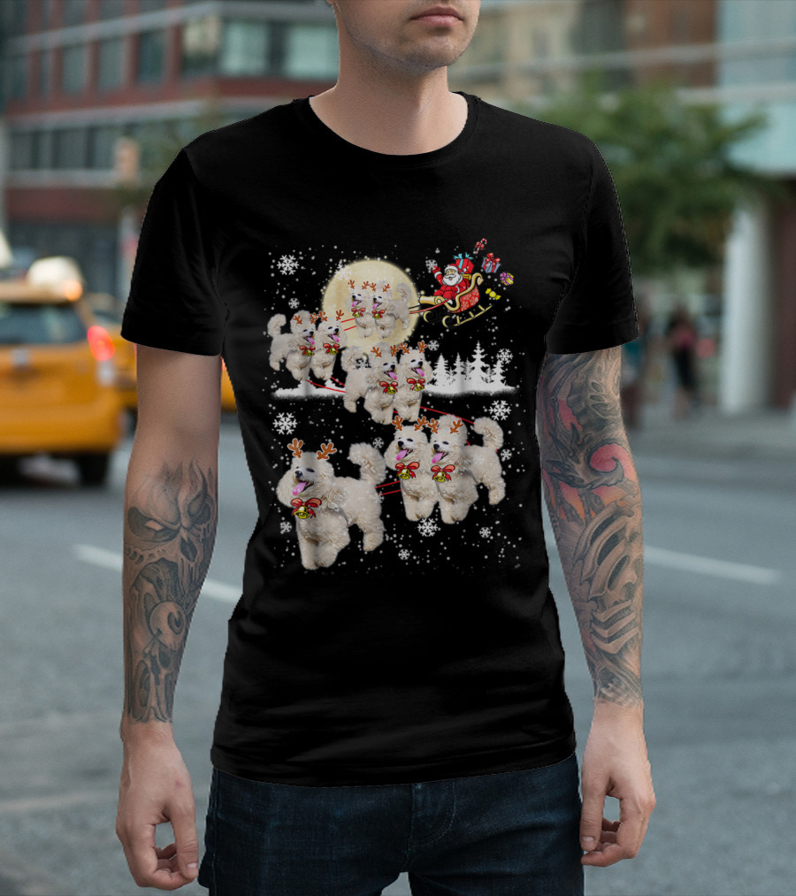 Poodle Reindeer Christmas Santa Sleigh雪景色 T-Shirt