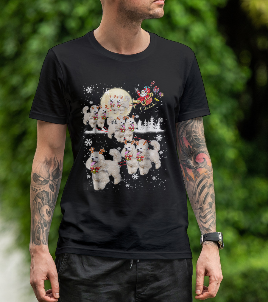 Poodle Reindeer Christmas Santa Sleigh雪景色 T-Shirt