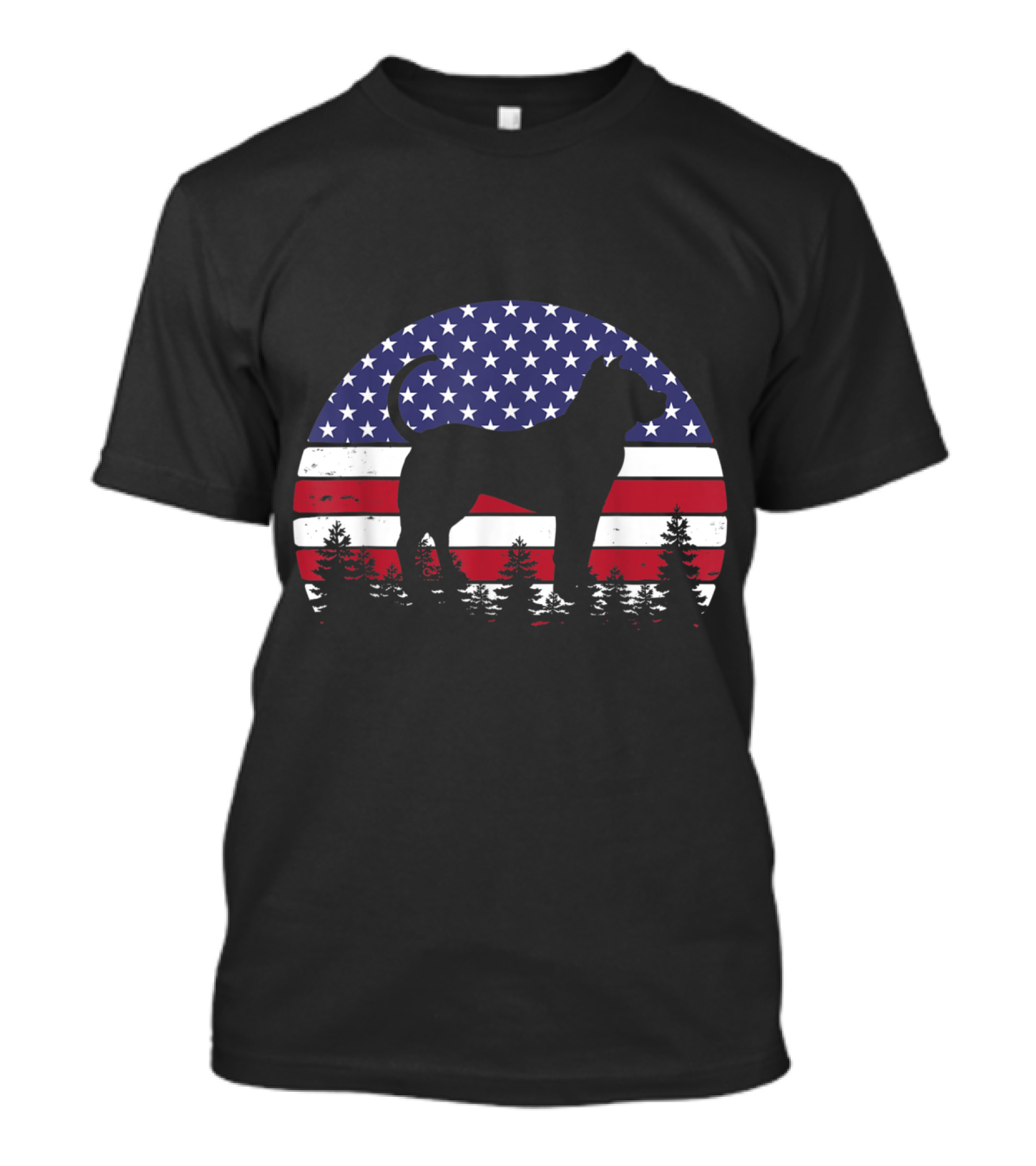 Vintage Pitbull Dog American Flag Silhouette Patriotic Forest T-Shirt