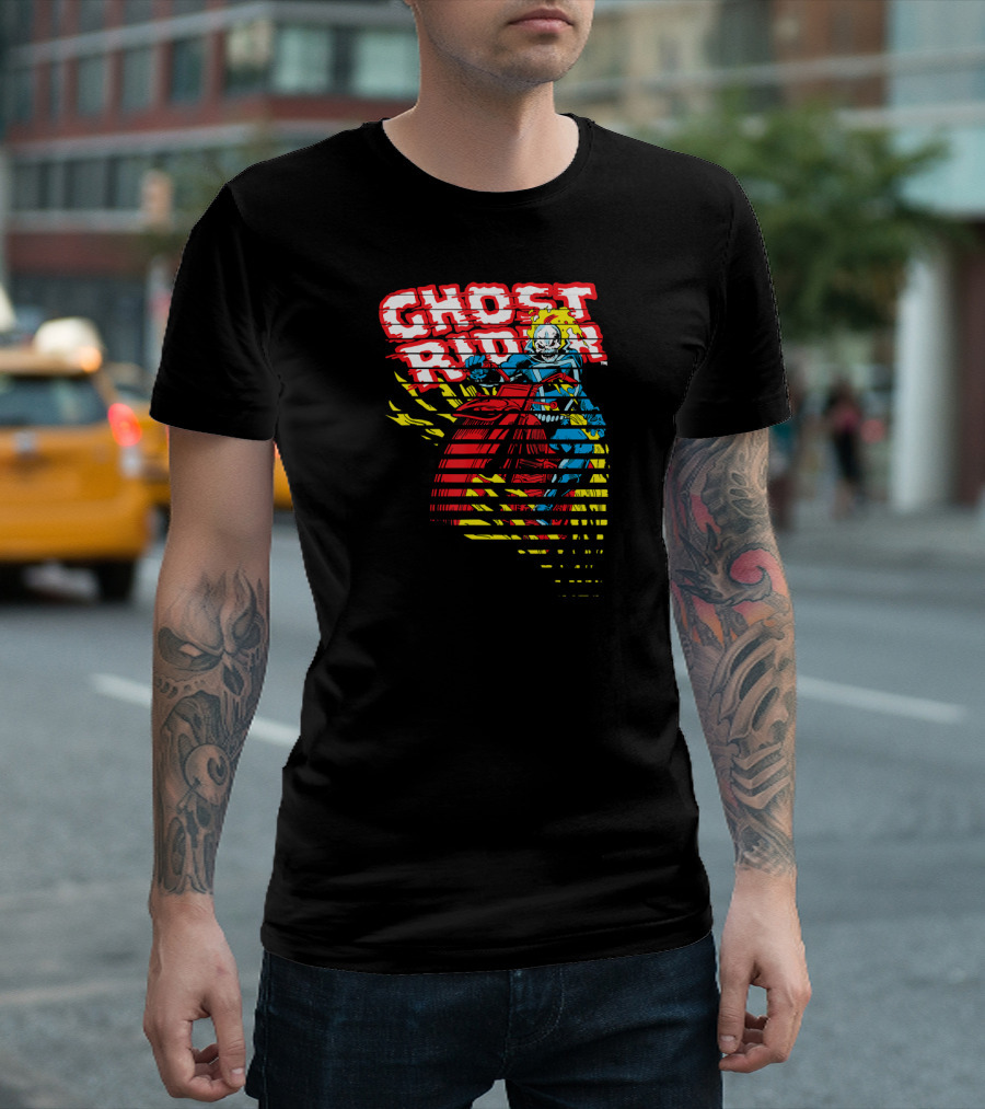 Ghost Rider Motorcycle on Fire Bold Text Dynamic Flames T-Shirt