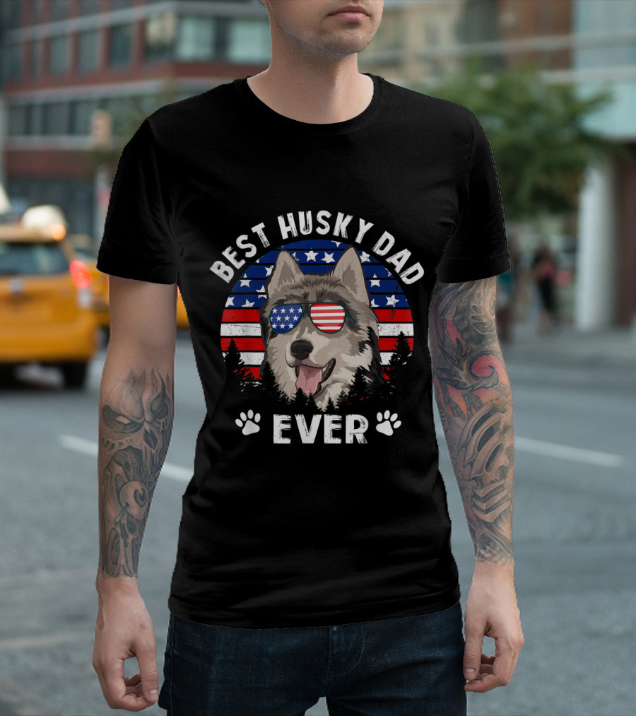 Best Husky Dad Ever American Flag Sunglasses T-Shirt
